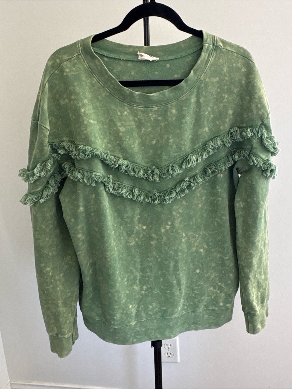 BiBi Green Mineral-Wash Fringe Pullover Sweatshirt